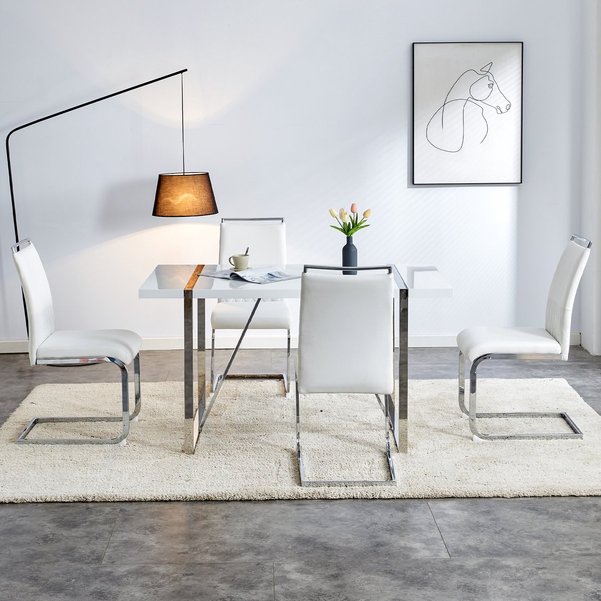 MODFU Eetkamerstoel set van 4, gestoffeerd kunstleer/linnen, metalen poten, modern ontwerp, wit
