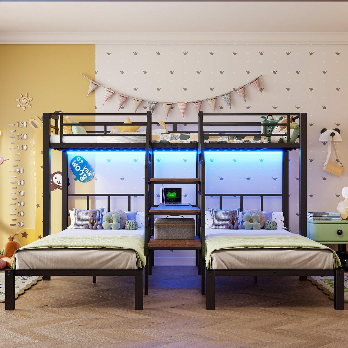 Stapelbed 90x200 cm - 3 bedden - met LED-verlichting en opbergruimte - USB-poort en stopcontact - bureau en boekenplank - zonder matras - zwart