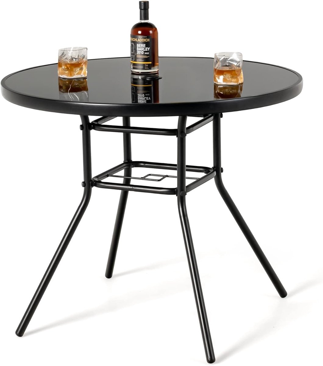 KOMFOTTEU Tuintafel met paraplugat, bijzettafel rond van gehard glas, bistrotafel met robuust metalen frame, eettafel voor tuin, balkon, 86 x 86 x 71 cm