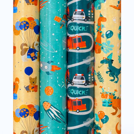 Cadeaupapier – WonderWorld – (4 STUKS) – 200×70 cm – Dinosaurus, Ruimte, Hulpdiensten & Bosdieren – Inpakpapier – Kinderfeestje – Fantasievol – Speels Cadeaupapier