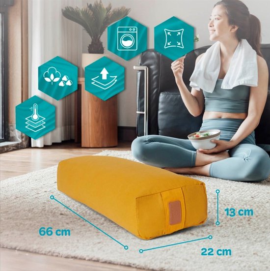 #DoYourYoga - Hoekig Yoga bolster - »Paravati« - Meditatiekussen met bio-organische boekweit schalen vulling - L67 cm & diam.13 cm - curry geel van #DoYourYoga — afbeelding 4