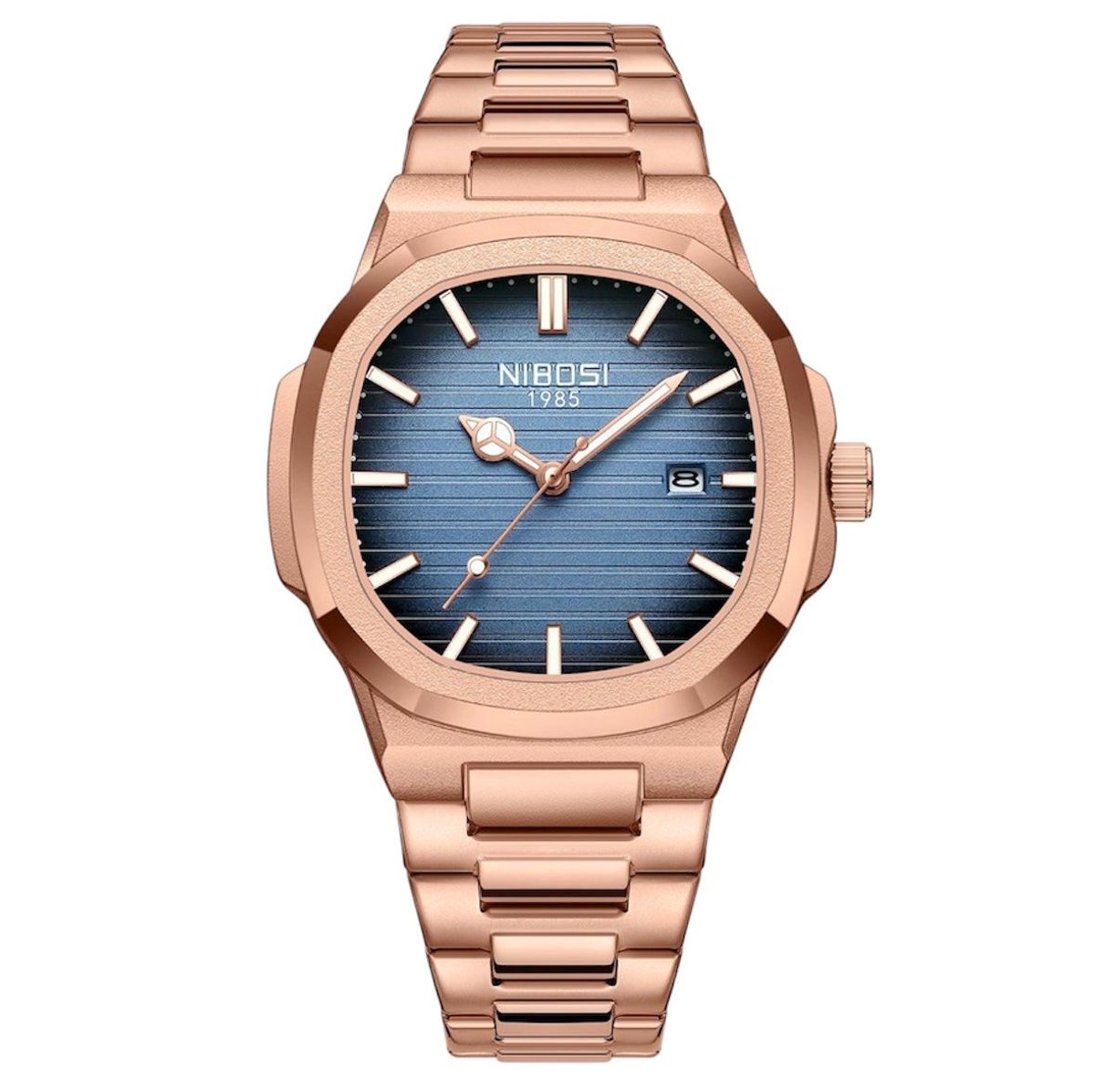 Nibosi - Herenhorloge - Polshorloge - Heren - Horloge - Horlogedoos - Mannen - Rosé Blauw - RVS