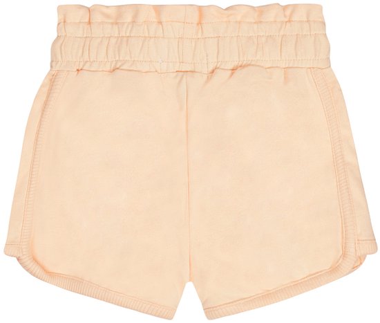 Lichtroze meisjesbroek met elastische tailleband en omgeslagen randen.