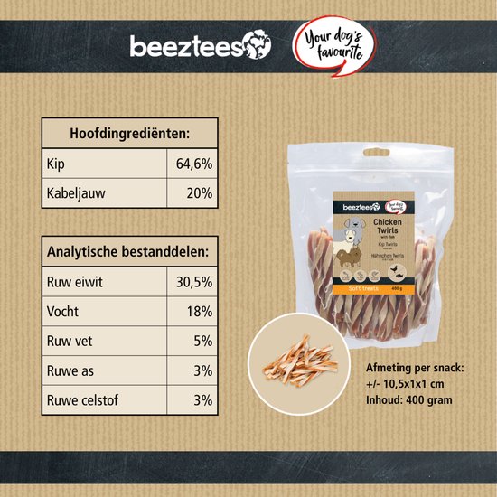 Verpakking van 400g kip twisters met vis, met een close-up van de twisters en informatie over ingrediënten.