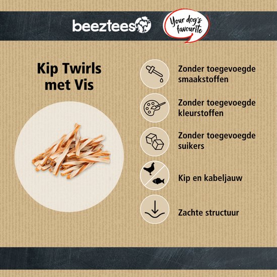 Kip Twirls met Vis, met afbeeldingen die aangeven dat het geen toegevoegde smaakstoffen, kleurstoffen of suikers bevat.