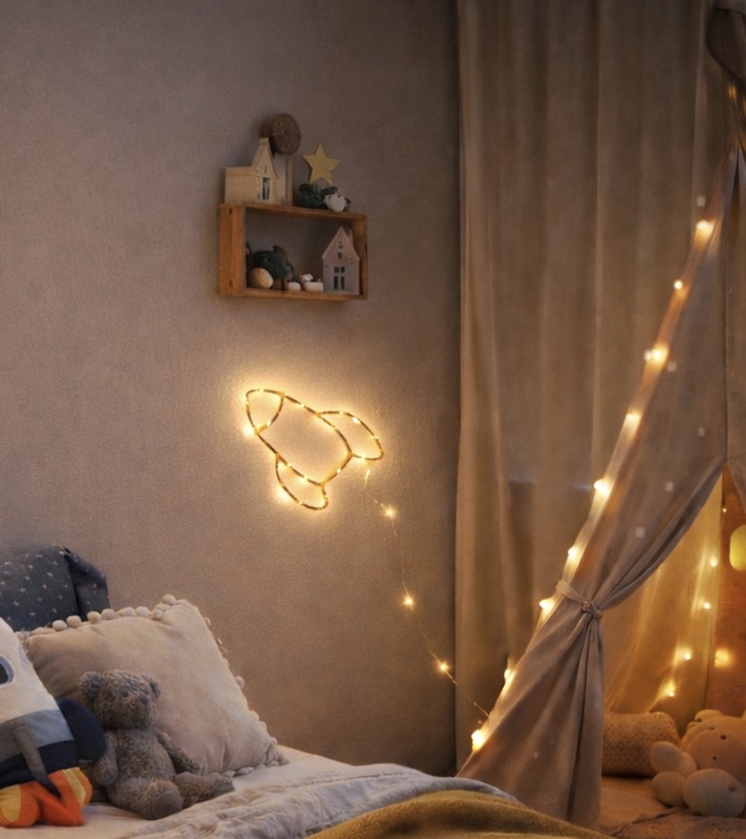Raket LED Lampje Kinderkamer – Handgemaakt Nachtlampje – Goudkleurig IJzerdraad – Werkt op Batterijen