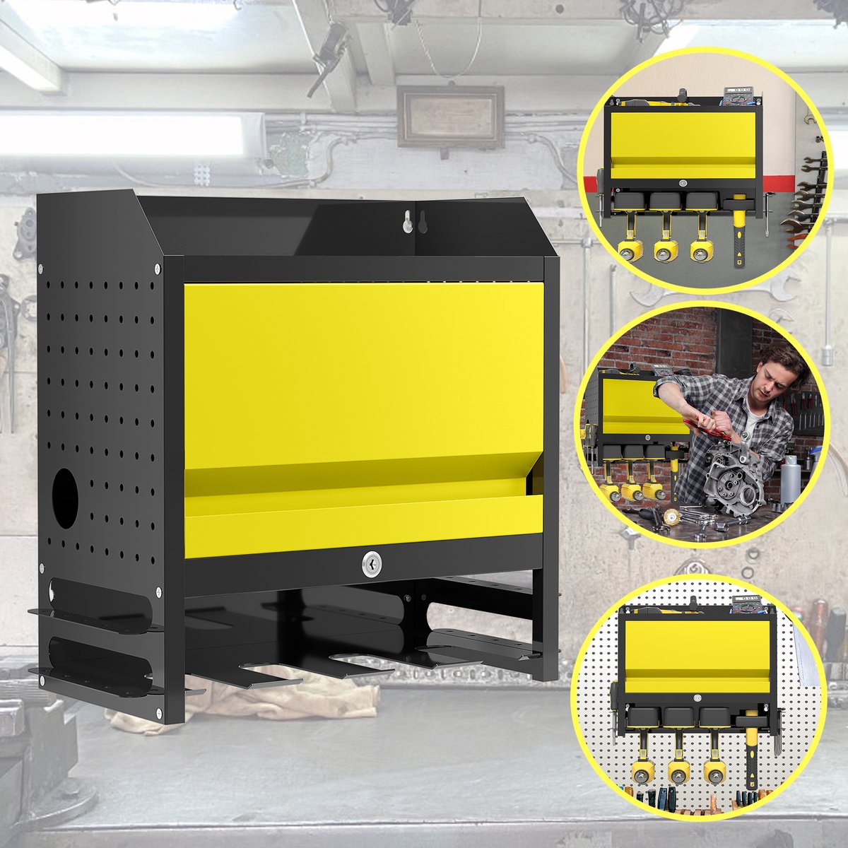 Froadp Gereedschapshouder Wandkast 42 x 22,5 x 40,5 cm Wandhouder met 10 haken, 4 sleuven voor boren of hamers & sleutelslot Opbergrek Organisatie Gereedschapsrek tot 50 kg