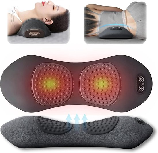 Grijze neksteun met twee massagezones en warmte, getoond op een vrouw die erop ligt.