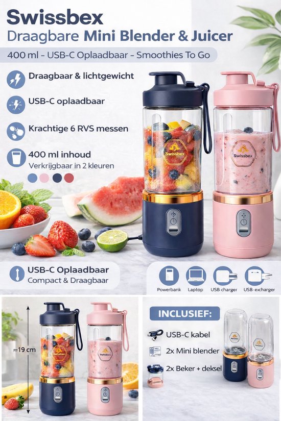 Swissbex Draagbare Mini Blender & Juicer - 400 ml - USB-C Oplaadbaar - Smoothies To Go - Donkerblauw van SwissBex — afbeelding 3