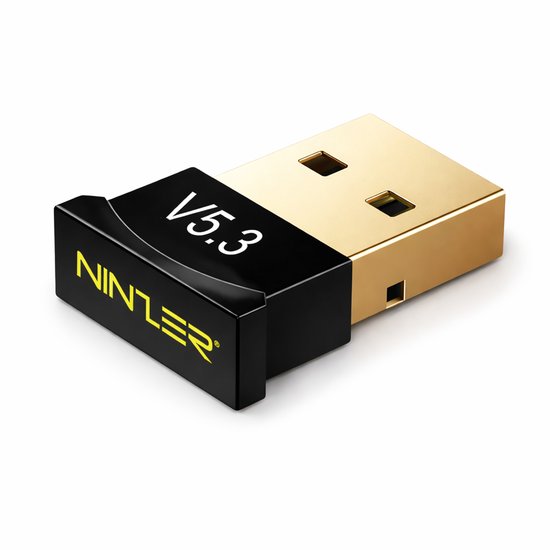Gouden USB-dongel met zwart accent, met 'V5.3' en 'NINZER' erop.