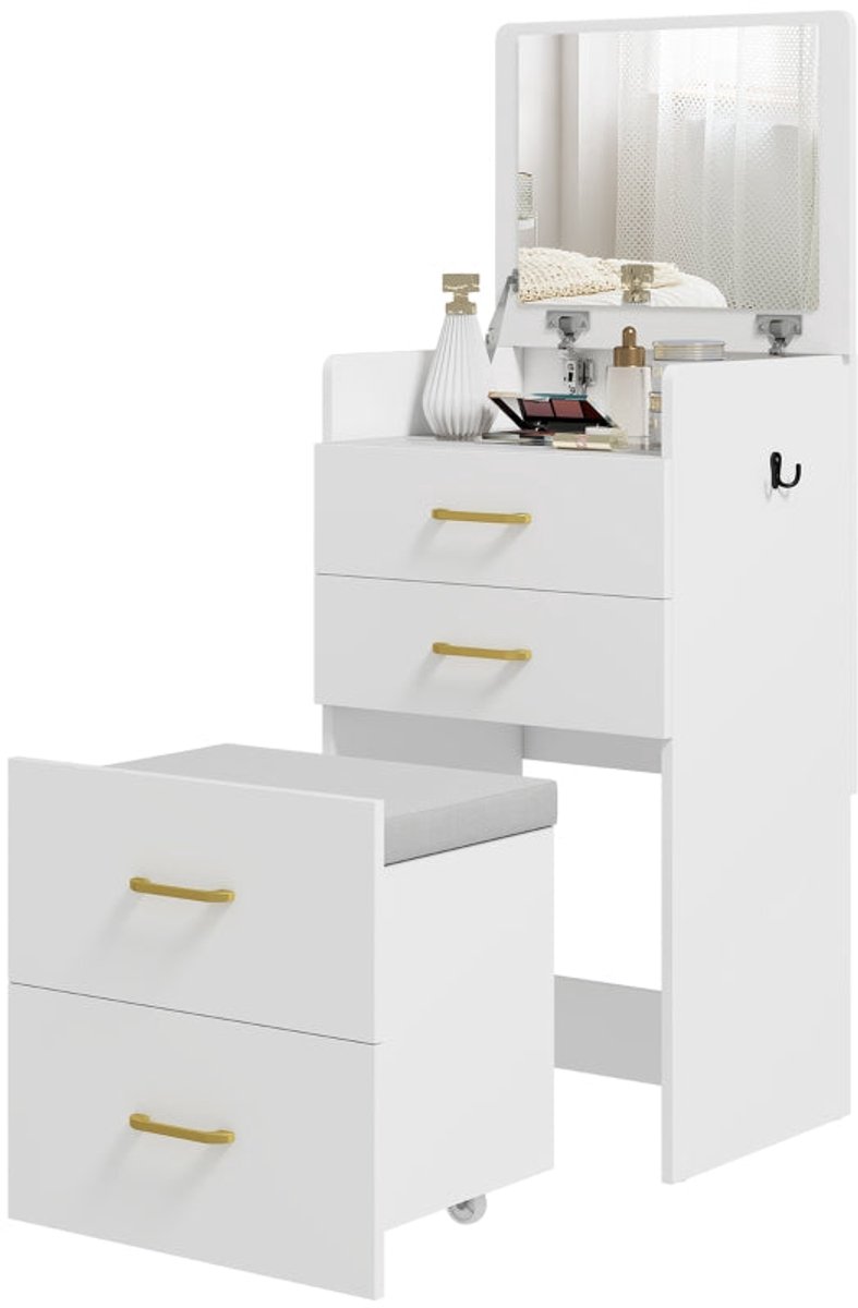 Merax 3-in-1 Kaptafel met Inklapbaar Spiegel en Hocker op Wielen – Make-uptafel of Nachtkastje met 2 Lades en Glazen Blad – Wit – 48x40x90 cm