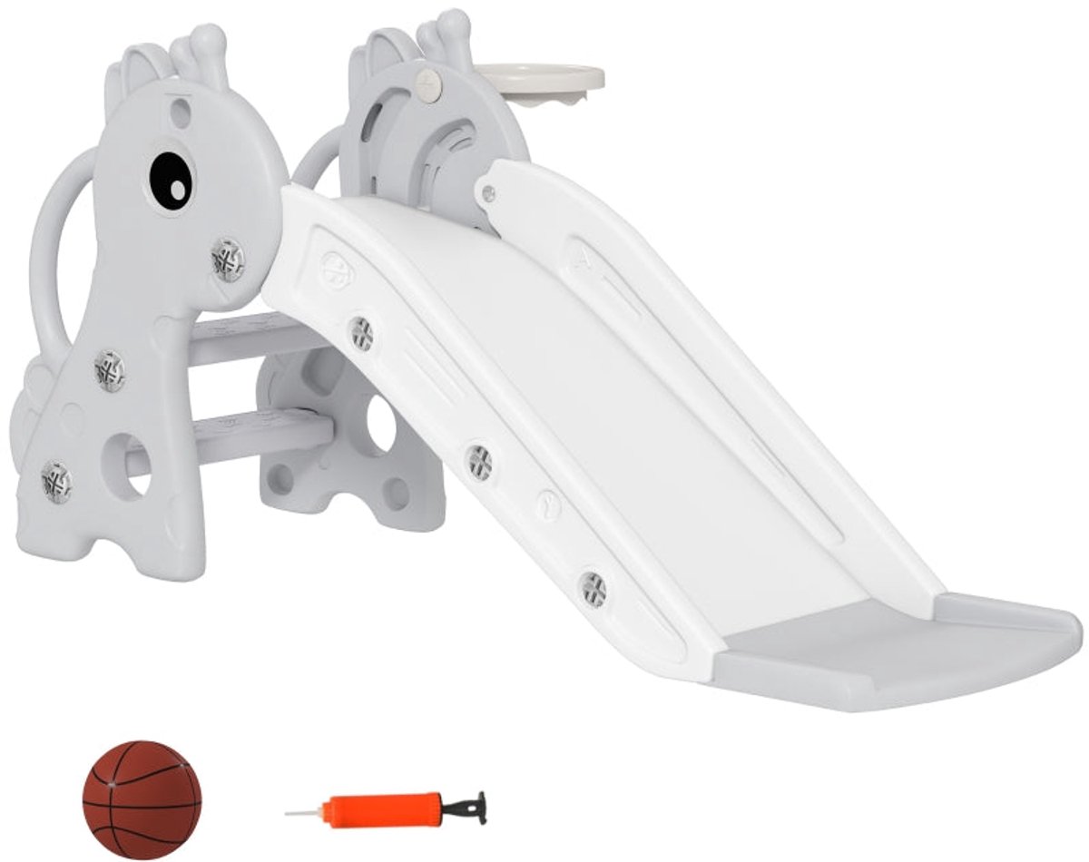 Merax 3-in-1 Kinderglijbaan Giraf – Met Klimtrap en Basketbalring + Bal – Voor Binnen – Grijs