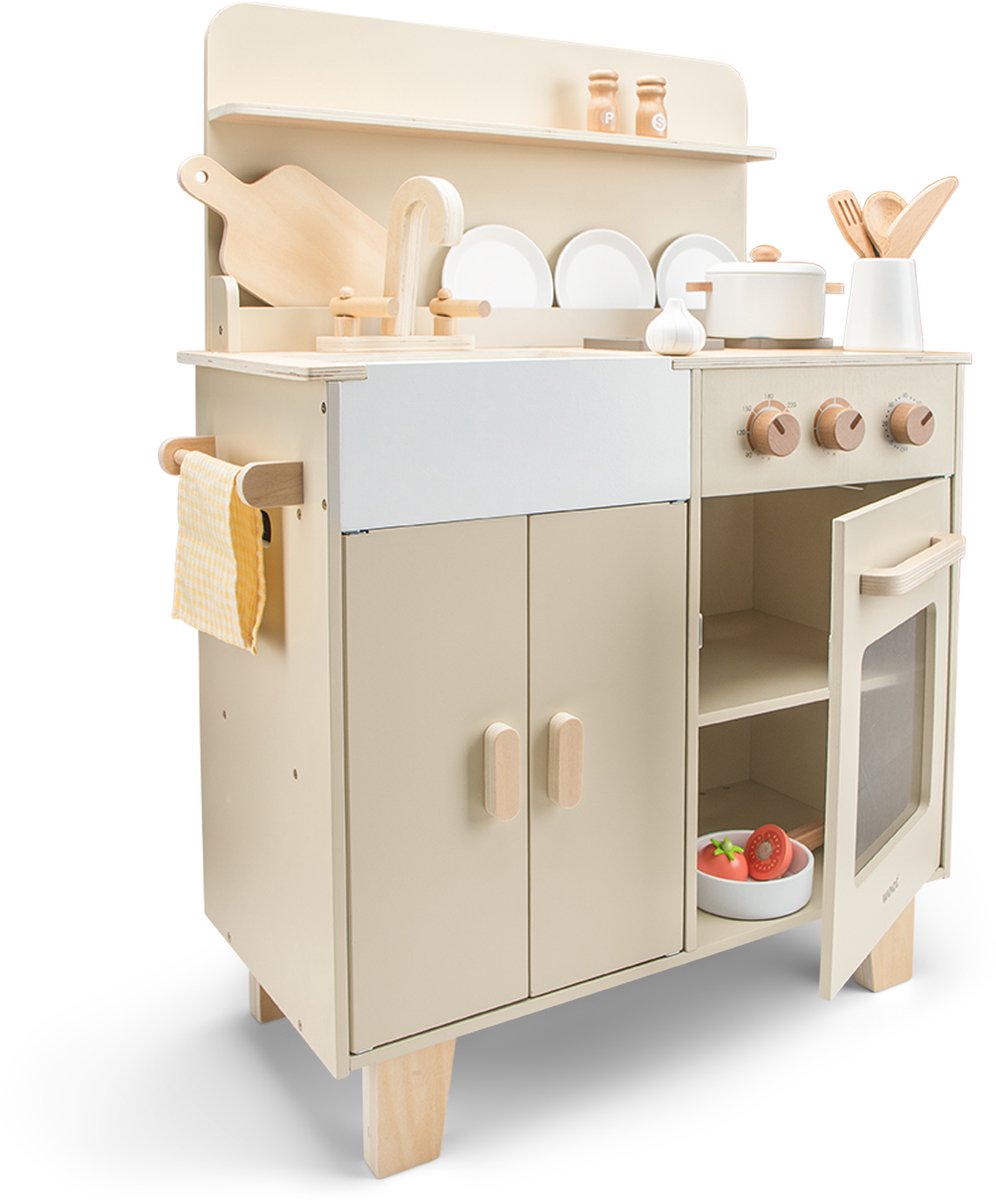 Woet® Houten Speelgoed Kinderkeuken Beige - Speelkeukentje met Pannen, Servies, Groente en Snijplank - Houten Speelkeuken - Werkbladhoogte 55 cm - Rollenspel - Vanaf 3 Jaar — afbeelding 8