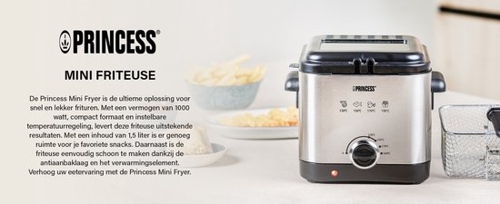 Zilverkleurige Princess mini friteuse met tekst 'Princess Mini Friteuse'. In de venster zijn frietjes zichtbaar.