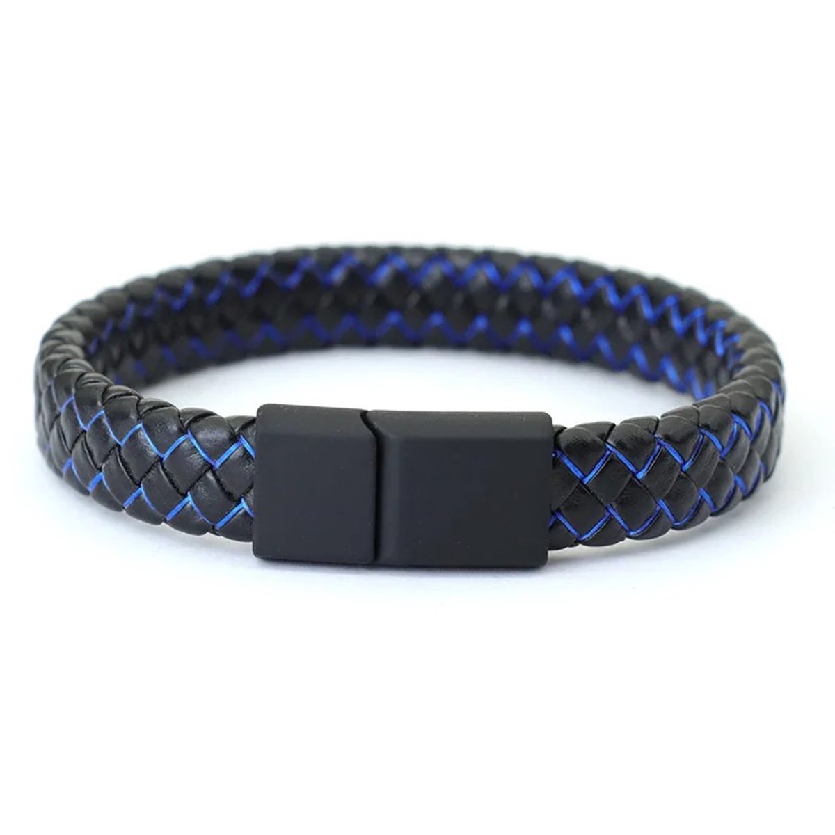 WiseGoods Premium Heren Armband Zwart Met Blauw - Gevlochten Leer & RVS Sluiting - Cadeau - Armbanden - Armbandje Mannen - 20.5CM