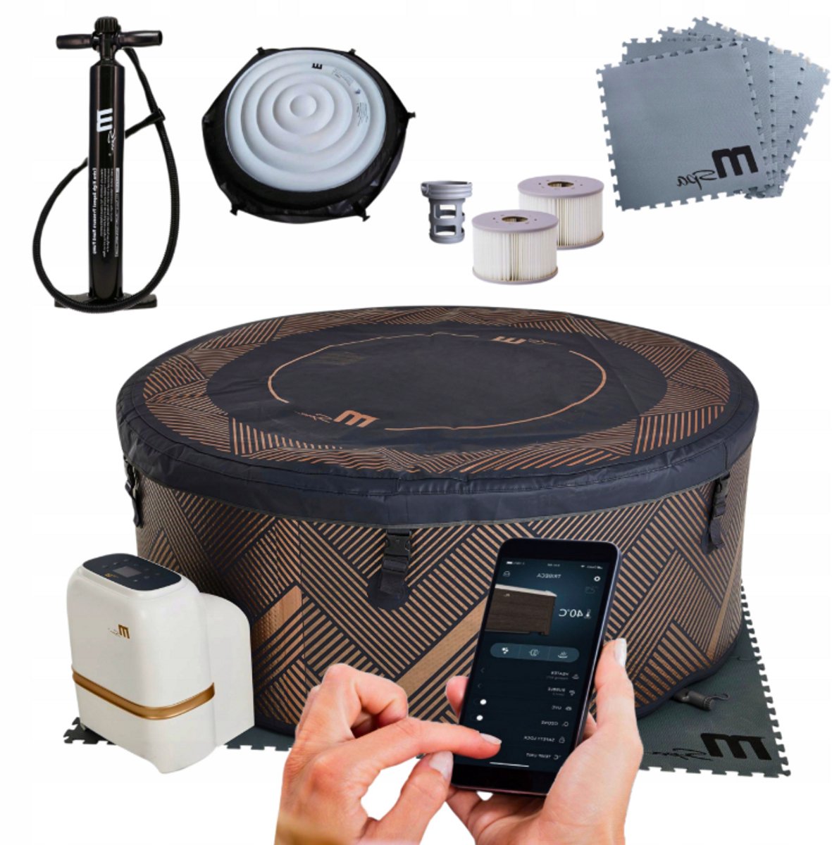 Opblaasbaar rond spabad voor 6 personen met hydromassage, 930 liter, 173x173x65 cm, wifi