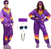 Partyxclusive 5-Delig Fout Trainingspak Jas/Broek/Hoofdband/Ketting/Bril Jaren 80 & 90 Kostuum Disco Foute Party Outfit Dames en Heren Retro Verkleedkleding Carnavalskleding Heren Carnavalskleding Dames - Polyester - Paars - Maat S