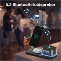 Oplaadstation met Bluetooth 5.3 luidspreker, toont muzieknoten en een dansend koppel op de achtergrond.