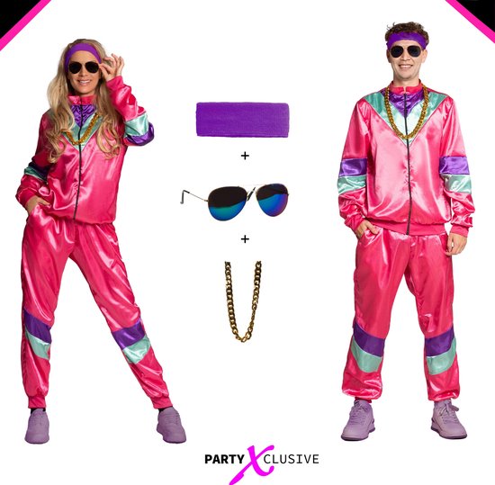 Partyxclusive 5-Delig Fout Trainingspak Jas/Broek/Hoofdband/Ketting/Bril Jaren 80 & 90 Kostuum Disco Foute Party Outfit Dames en Heren Retro Verkleedkleding Carnavalskleding Heren Carnavalskleding Dames - Polyester - Roze - Maat M