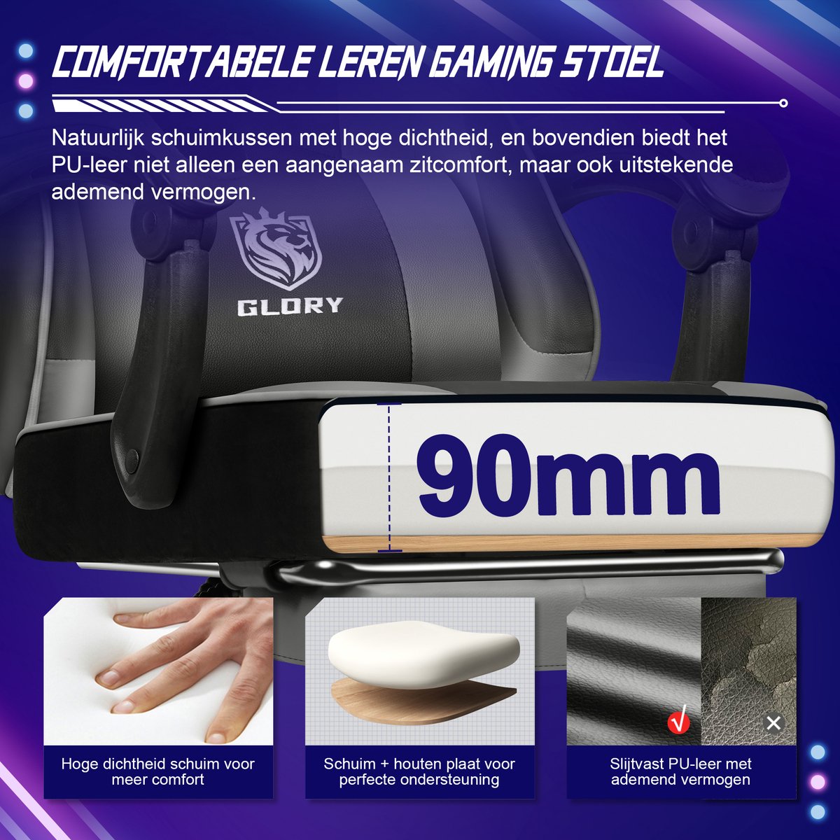 Hiaonyx Gaming Stoel met 170° Verstelbare Rugleuning - Zwart - afbeelding 2