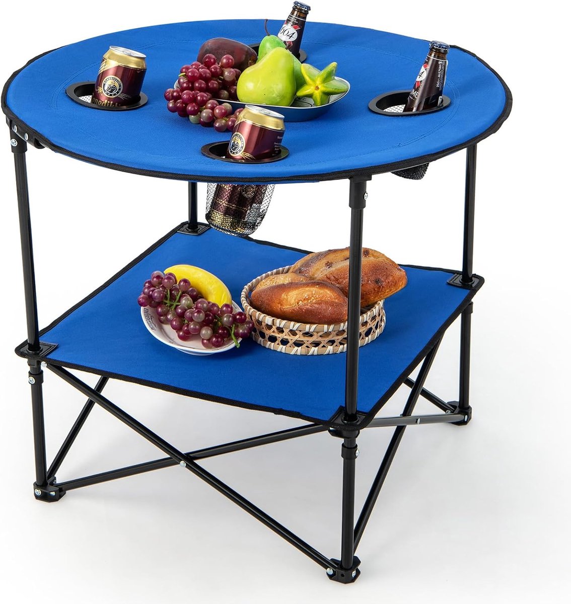 KOMFOTTEU Campingtafel, inklapbaar, picknicktafel met 2 niveaus van Oxford-stof, draagbare tafel met 4 bekerhouders, bijzettafel met draagtas, voor barbecue, feest, vissen