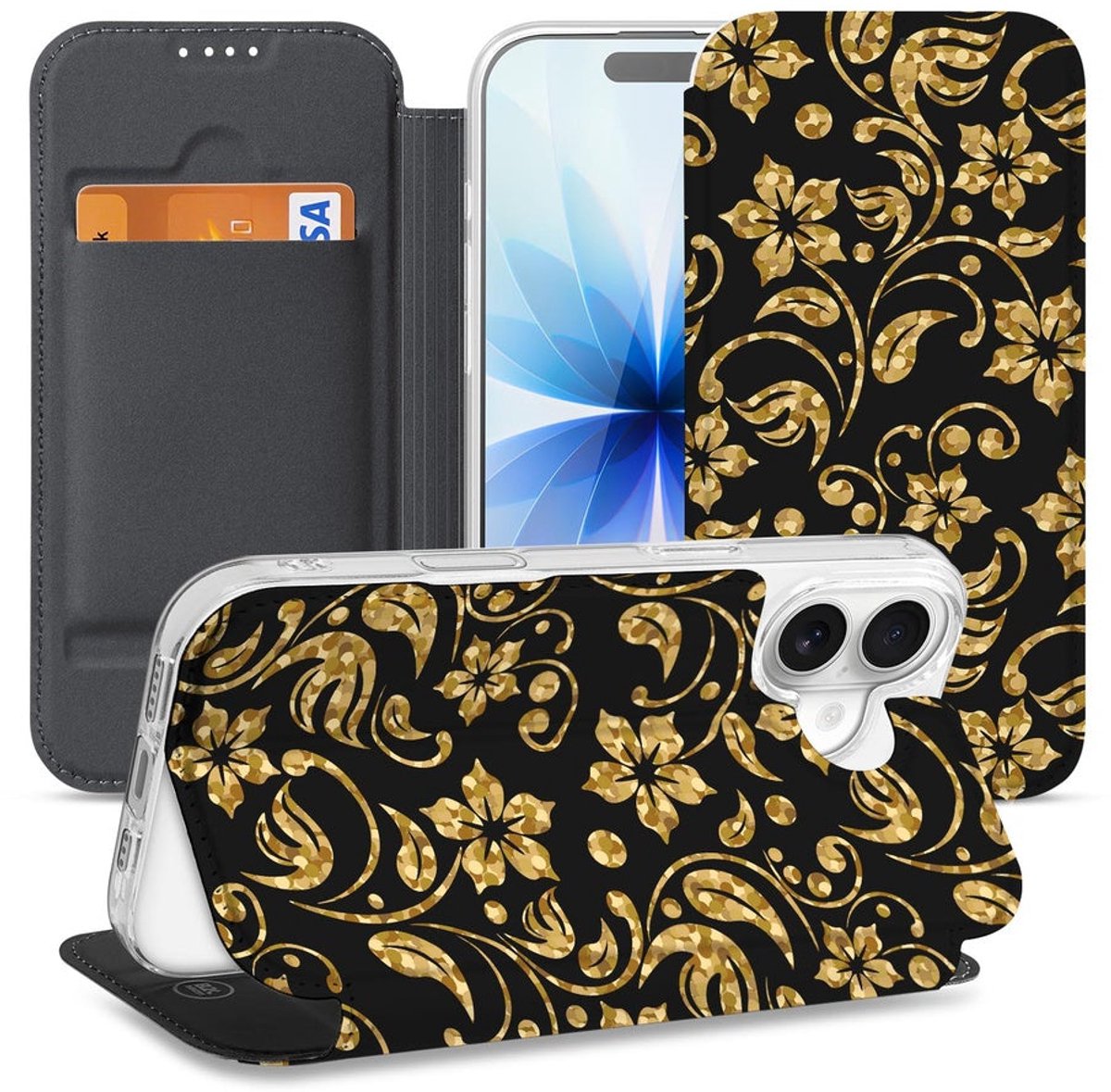 Book Wallet Case Apple iPhone 17 Gouden Bloemen