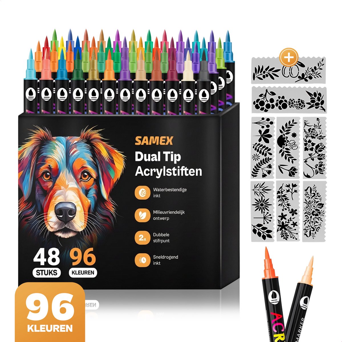 Samex Dualtip Acrylstiften – 96 kleuren – inclusief 8 sjablonen - verfstiften Happy Stones