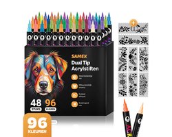 Samex Dualtip Acrylstiften – 96 kleuren – inclusief 8 sjablonen - verfstiften Happy Stones