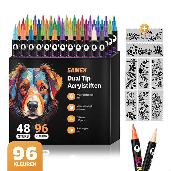 Samex Dualtip Acrylstiften – 96 kleuren – inclusief 8 sjablonen - verfstiften Happy Stones