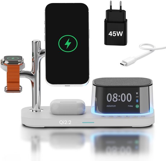 Draadloze Oplader 5-in-1 met Wekker, Bluetooth Speaker & LED Nachtlamp Geschikt voor MagSafe van MMOBIEL – 25W Qi2.2 Magnetische Draadloos Oplaadstation Geschikt voor Smartphone, Smart Watch en Oordopjes – Wit