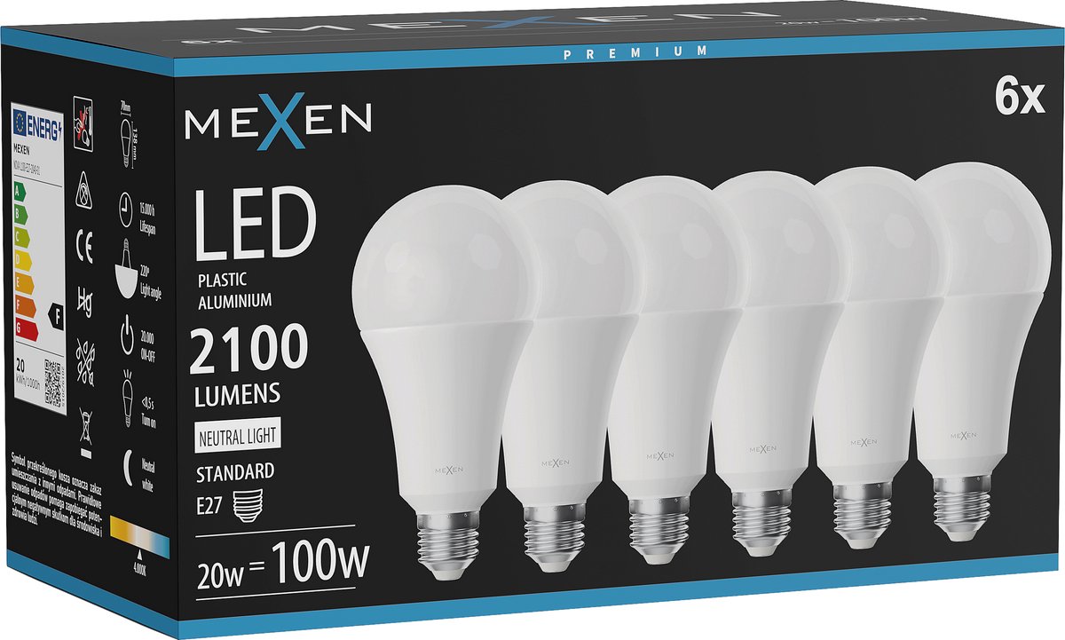 Mexen Nova 6x LED-lamp E27, A70, 20W, Neutraal - 4000K, 2100 lm - L100-E27-2040-01x06