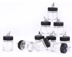 Allecto- Glazen Flessen - Airbrush - 10 stuks - 22 Ml - Master Iwata Badger Paasche - Siphon Pistolen - Helder - Metalen Verbinding - Geschikt voor - Kleur Zichtbaar.
