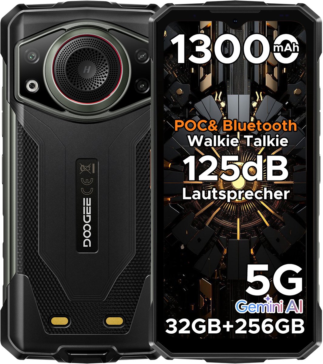 DOOGEE Fire 7 Ultra 5G - AI Outdoor telefoon - Robuuste smartphone - 32 GB RAM + 256 GB ROM (2 TB) - 13000 mAh - 125 dB luidspreker - POC & BT walkietalkie - Gemini AI - NFC - OTG - GPS - SOS - Grijs