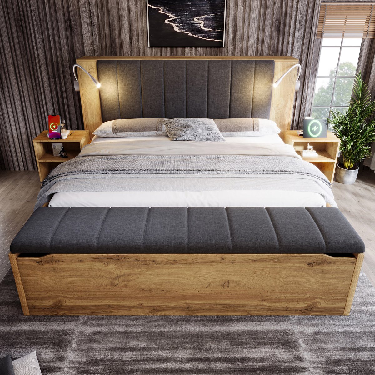 Merax 180x200cm tweepersoonsbed - met opklapbare hoofdeinde - met nachtkastje - met voetenbank - met leeslamp - eik - zonder matras