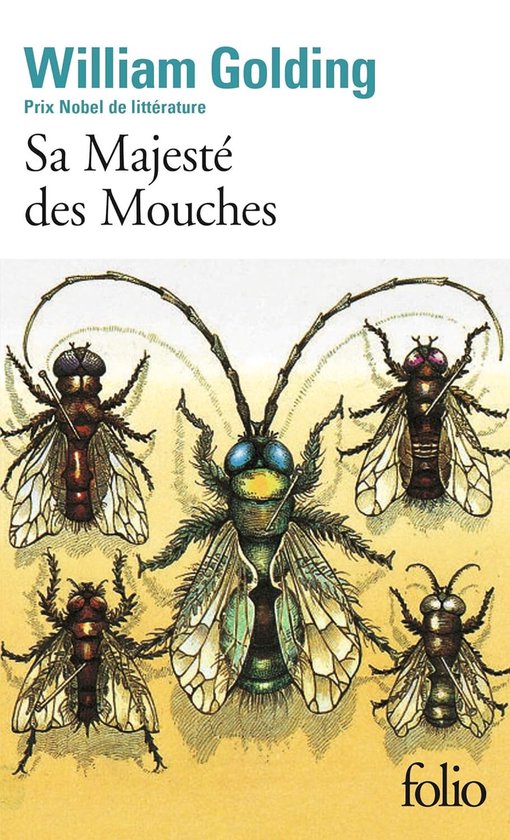 Boek met op de voorkant een illustratie van vijf vliegen, waarvan één grotere in het midden, met de titel 'Sa Majesté des Mouches'.