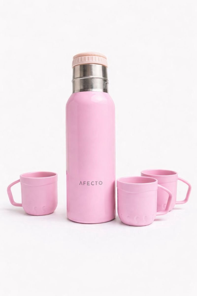 AFECTO Thermosfles met Bekers – 0,5 L – 12 uur Warm & Koud – Inclusief 3 Drinkbekers – Roze