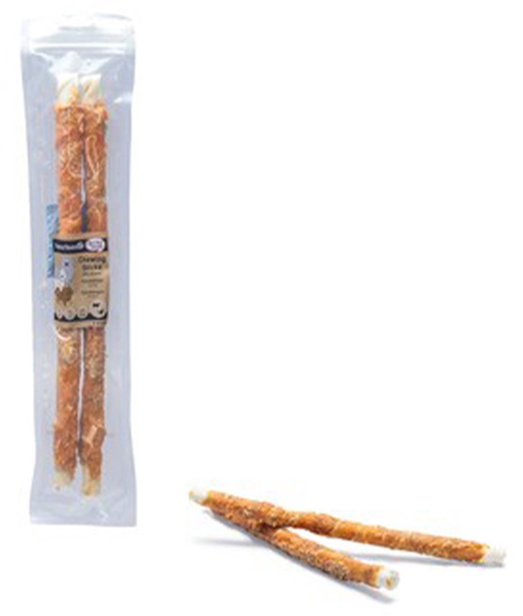 beeztees hondensnack - chewing sticks met eend - 40 x 2 x 2 cm- tandverzorgend - geluksmaker voor uw hond - 2 stuks in verpakking