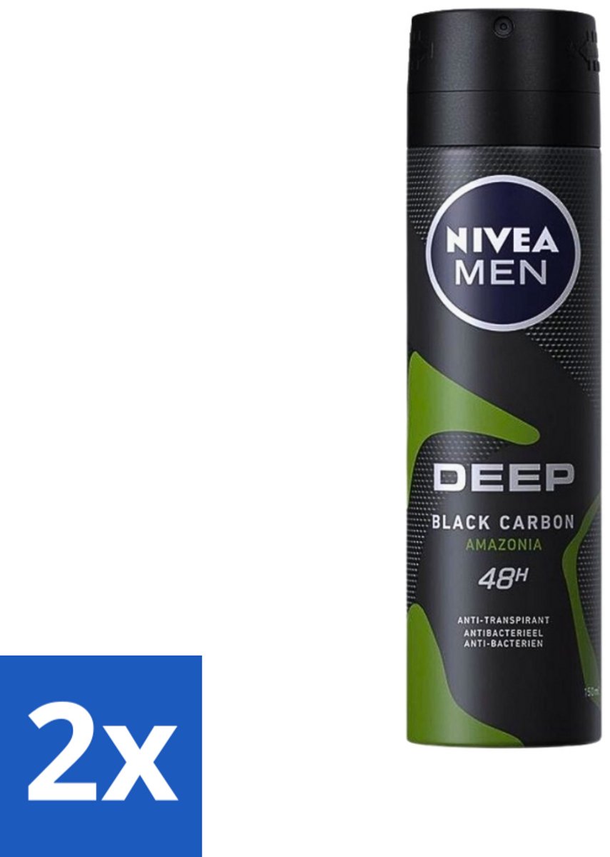 2 x Nivea - Men - Deodorant - Spray - Deep Black Carbon Amazonia - 150 ml - NIVEA MEN - Deodorant Spray - Anti-transpirant - 48 Uur Bescherming - Black Carbon