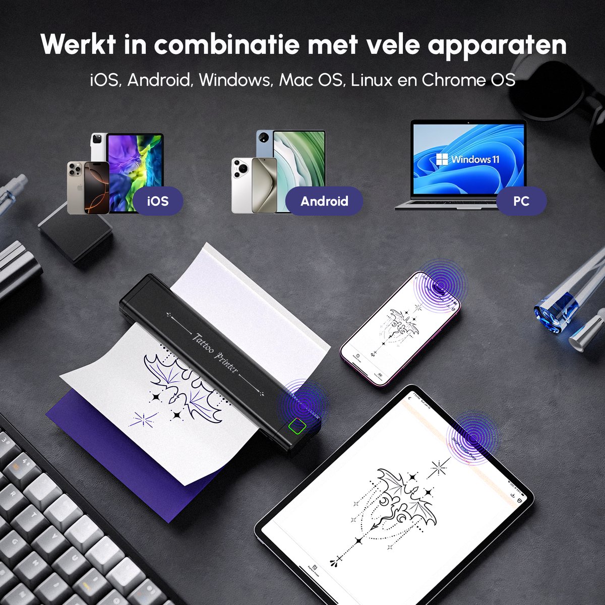 Newyes Draadloze Tattoo Printer Voor Stencils - Incl. 10 Stuks Transferpapier - Thermische Printer - Thermal Mini - A4 Miniprinter met App - Stencil Printer Met Transfer Papier - Thermo Printen - Stencils Printen Machine — afbeelding 3