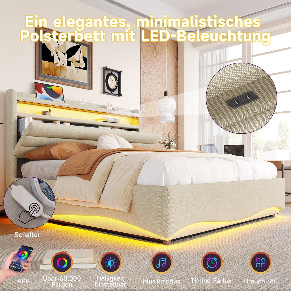 Merax Gestoffeerd bed 140 x 200 cm - met LED-verlichting - met USB- en Type-C-aansluiting - met opbergruimte - zonder matras - beige