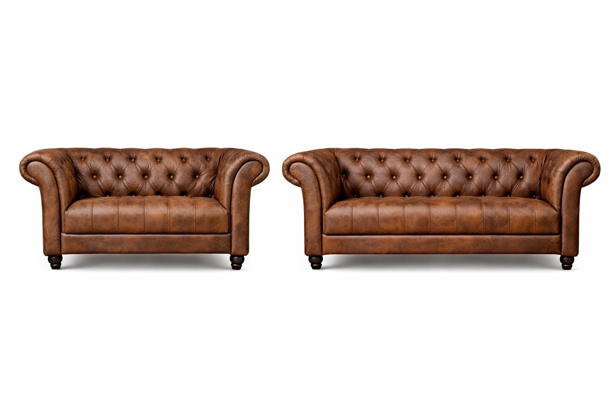 Chesterfield Banken Set 2 & 3 Zits - Curve Armleuningen - Vintage Bruin - Chesterfield - Sofa - Bankstel
