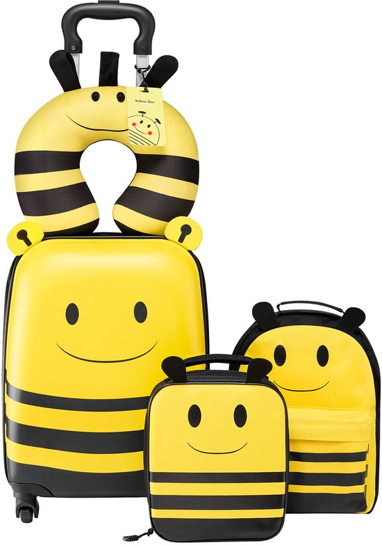 VEVOR Set de Valise 5 Pièces pour Enfants, 457,2MM, Valise Rigide avec Trolley pour Enfants, Sac à Dos, Coussin Cervical, Lunch-box et Accessoires de Bagages, Set de Bagages pour Garçons et Filles, Pratique pour les Voyages (Avion (Abeilles))