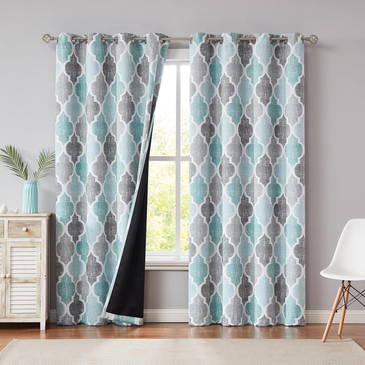 Famanu Verduisterende gordijnen voor slaapkamer woonkamer 183 cm druppel rooster Marokkaanse print gordijn thermisch geïsoleerde gordijnen energiebesparende raambekleding set Tealgrijs