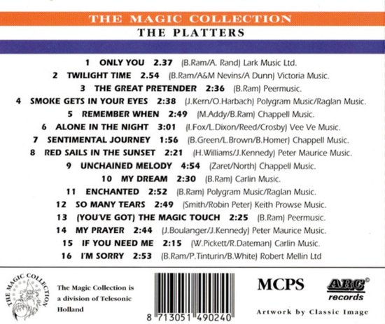 Achterkant van de cd 'The Magic Collection' van The Platters, met tracklist en barcode.