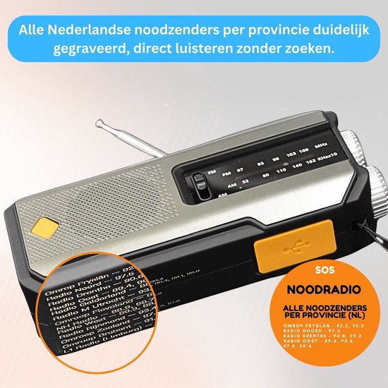 Noodradio met gegraveerde noodzenders per provincie – Powerbank 2000 mAh – Solar & opwindbaar – Zaklamp – SOS-alarm – USB-C – Essentieel voor elk noodpakket