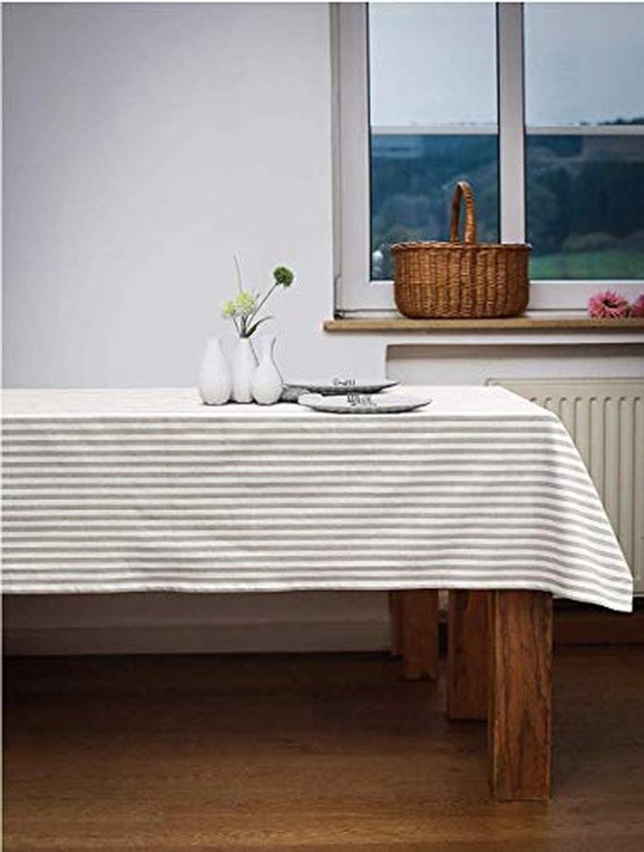 Tafelkleed 140 x 220 cm - Hoogwaardig Grijs/Wit Gestreept Katoen