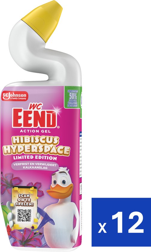 Verpakking van 12 flessen WC Eend Action Gel Hibiscus Hyperspace met het eend-karakter.