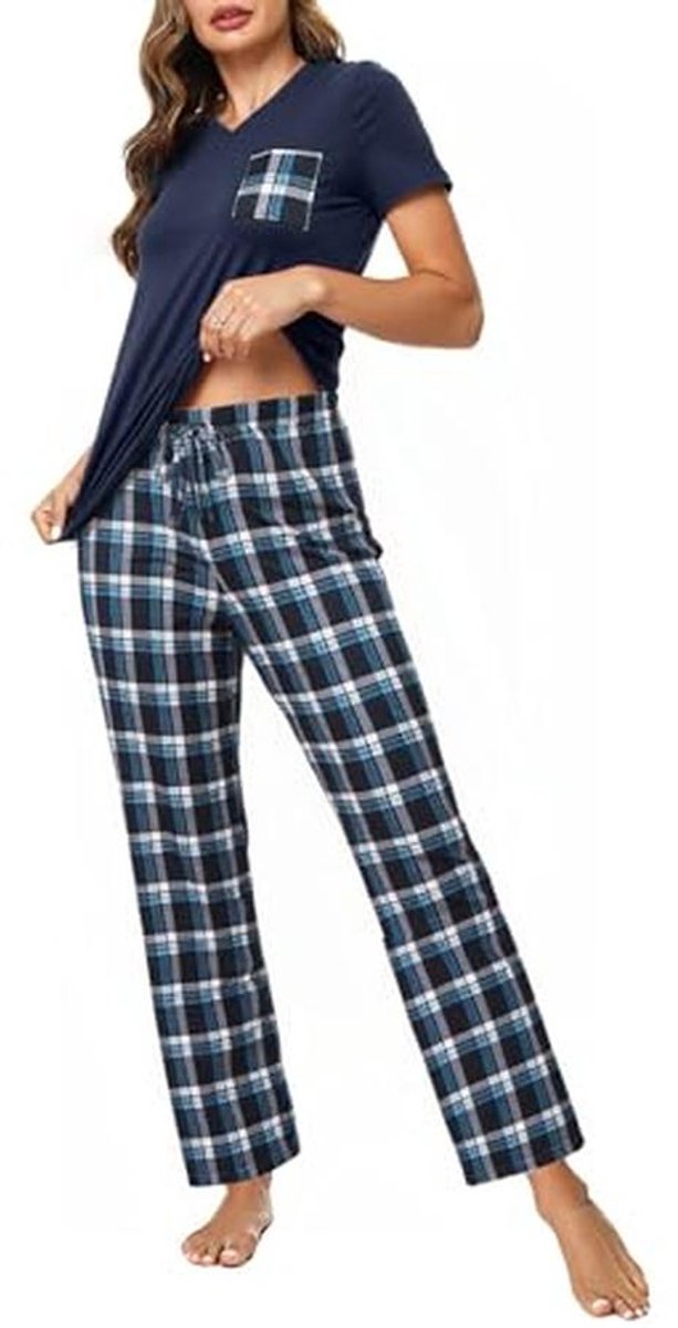 Dames Katoenen Pyjama Set Korte Mouwen en Lange Broek V-Hals Nachtkleding Loungewear