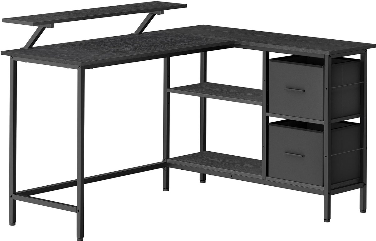 DoneMore® - L-vormig bureau - computertafel met monitorstandaard en 2 lades - verstelbare plank - zwart - 135x105x90 cm - 22 kg