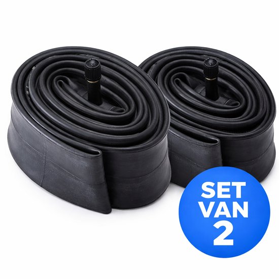 Set van twee zwarte, opgerolde fatbike binnenbanden met zwarte ventielen. Blauwe cirkel met 'SET VAN 2'.